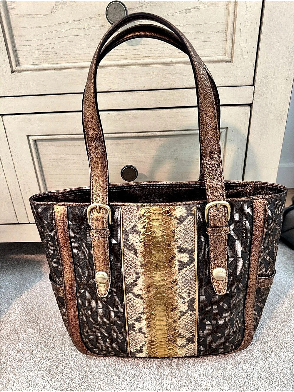 Michael Kors Jet Set Travel Python Print Tote Brown & Gold
